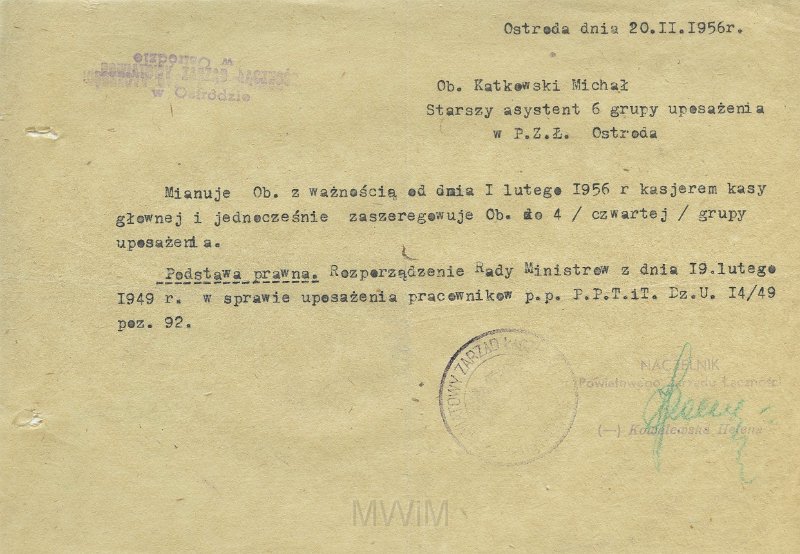 KKE 5587.jpg - Dok. Pismo z Powiatowego Zarządu Łączności w Ostródzie do Michała Katkowskiego dotyczące awansu zawodowego, Ostróda, 20 II 1956 r.